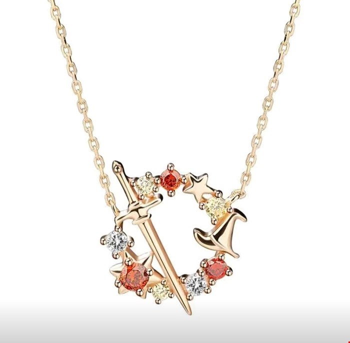 گردنبند نقره عیارS925  طرح شمشیر بانگین کریستال سفید و قرمز-رنگ رزگلد/کد 12